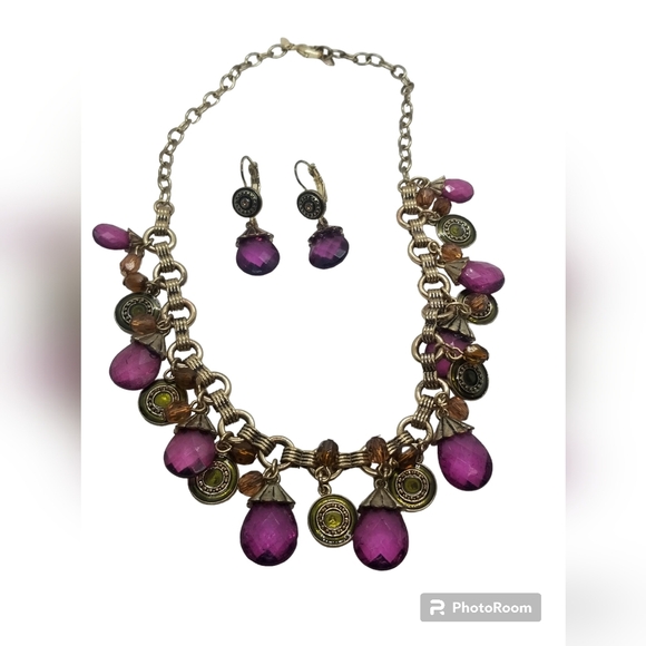 AVON BRIOLETTE PURPLE FAUX AMETHYST DROP & COIN VINTAGE NECKLACE & EARRING SET - Picture 5 of 5